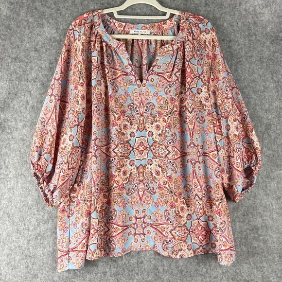 Rose Olive Tunic Top Woman 2X Paisley Floral Front 3/4 Sleeve Relaxed Artsy - Picture 1 of 13